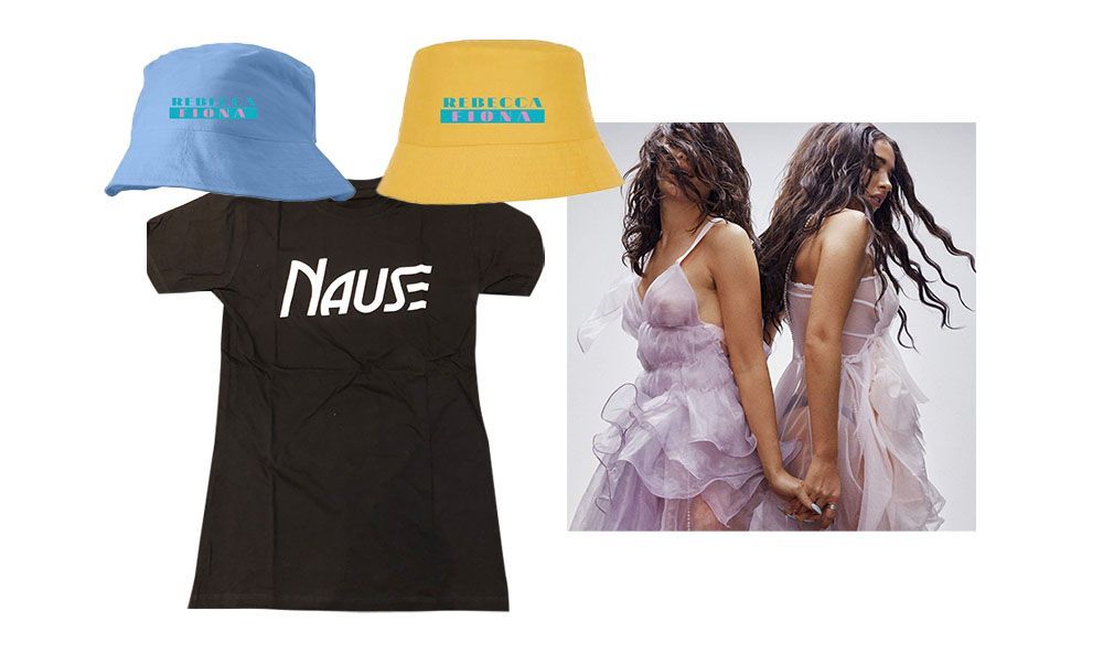 Nause t-shirt, Rebecca & Fiona bucket hat, Rebecca & Fiona poster